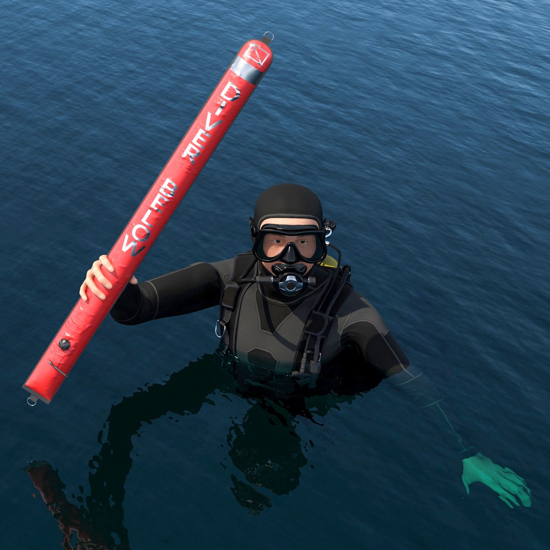 Scuba Diver With Red Surface Marker Buoy in Water 3D model preview