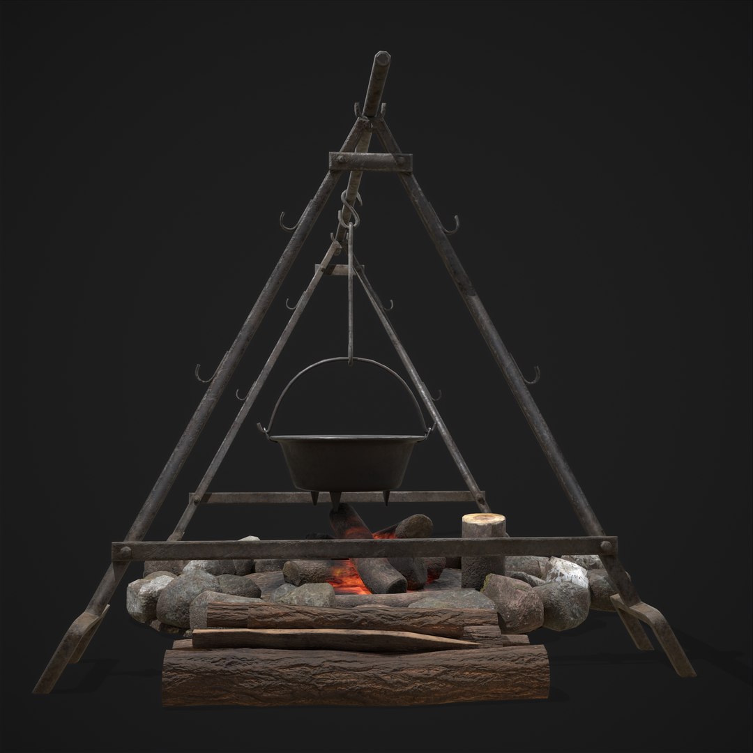 Campfire with Tripod and Cooking Pot 3D, Incl. food & fire - Envato Elements