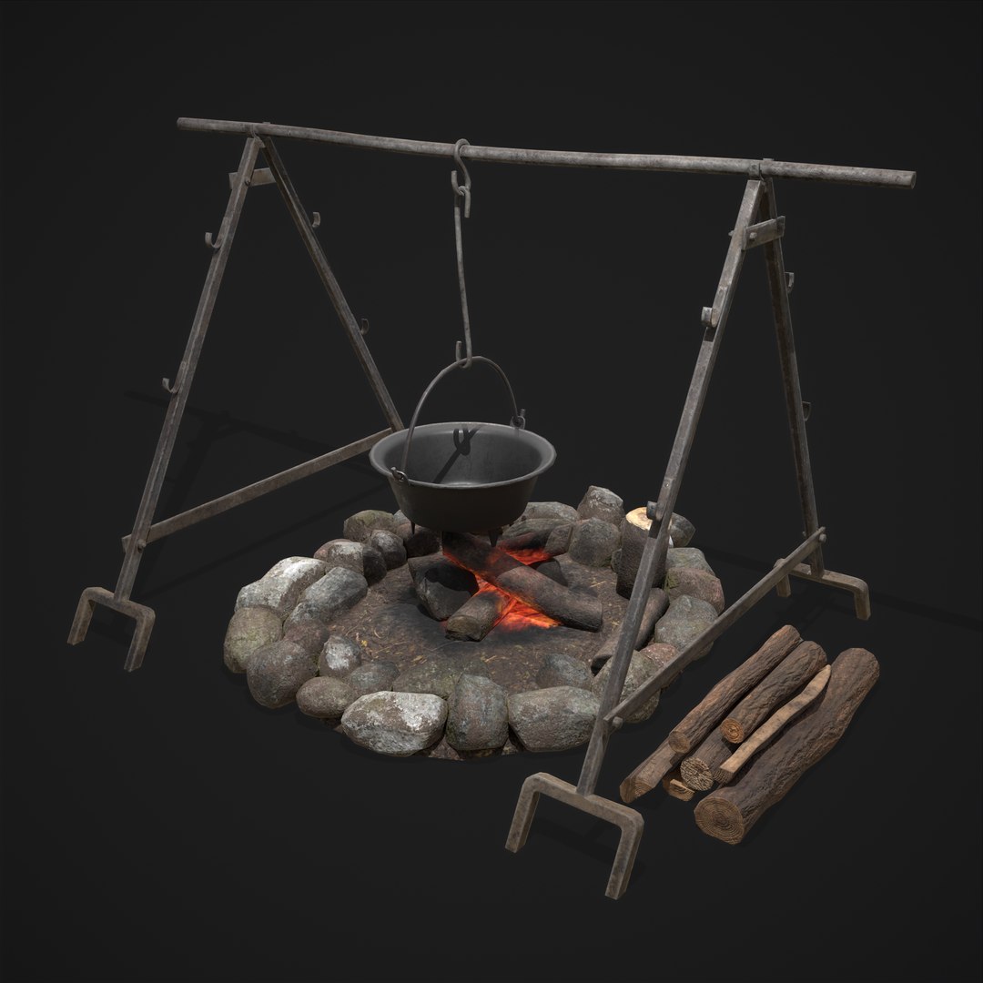 Campfire with Tripod and Cooking Pot 3D, Incl. food & fire - Envato Elements