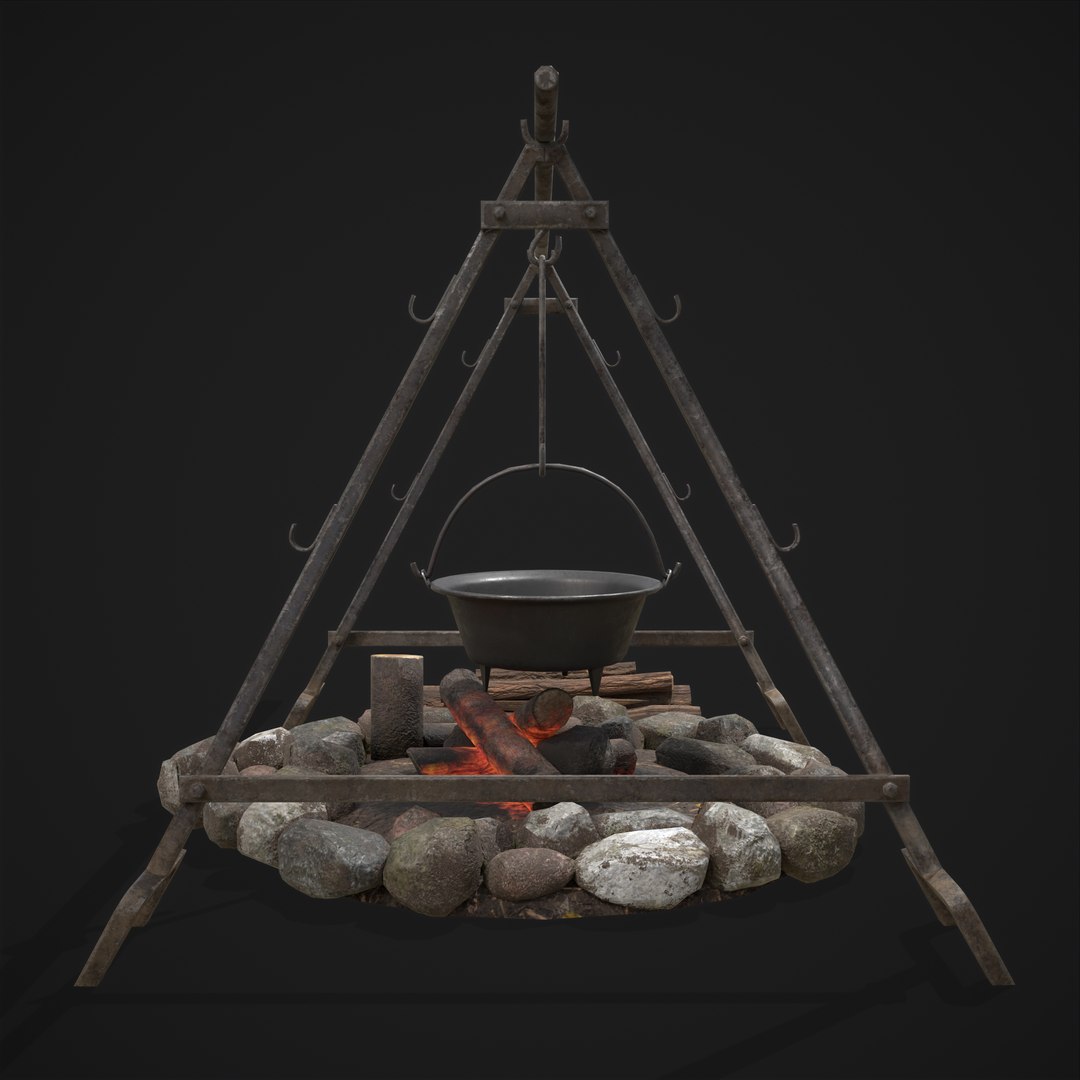 Campfire with Tripod and Cooking Pot 3D, Incl. food & fire - Envato Elements