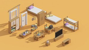 Bedroom and Living Room Furniture Pack Isometric Interior Props Low-poly 3D model