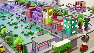 3D Low Poly 3D City Pack - Modular Roads Trees Buildings Props Vehicle - Game Ready