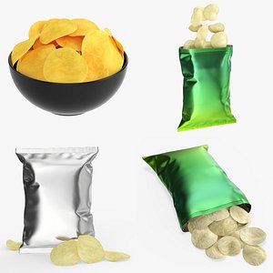 Potato chips in bowl and package 3D