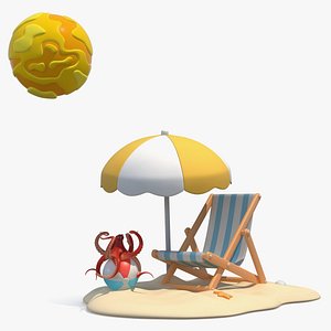 Cartoon Beach Set with Umbrella Chair and Octopus under Sun 3D model