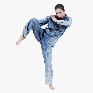 3D Asian Woman Wearing Jeans Salopet 021 Remastered model
