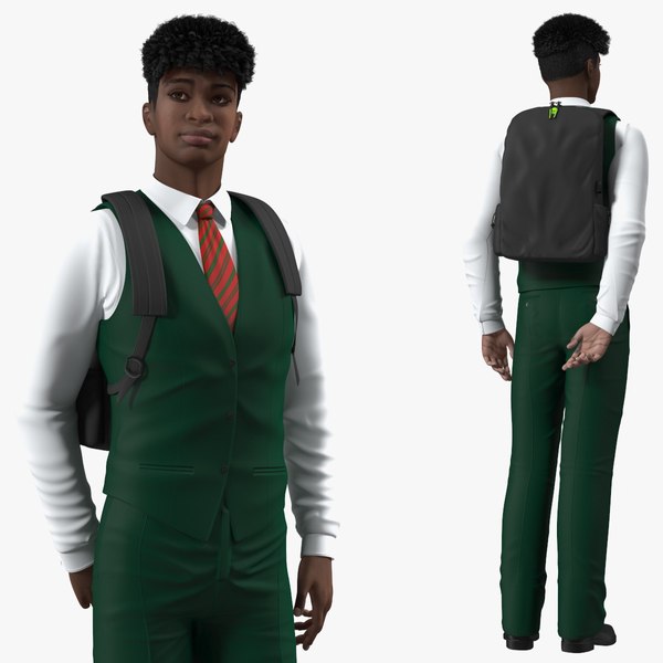 Black Teenager Dark Skin School Uniform Rigged 3D model