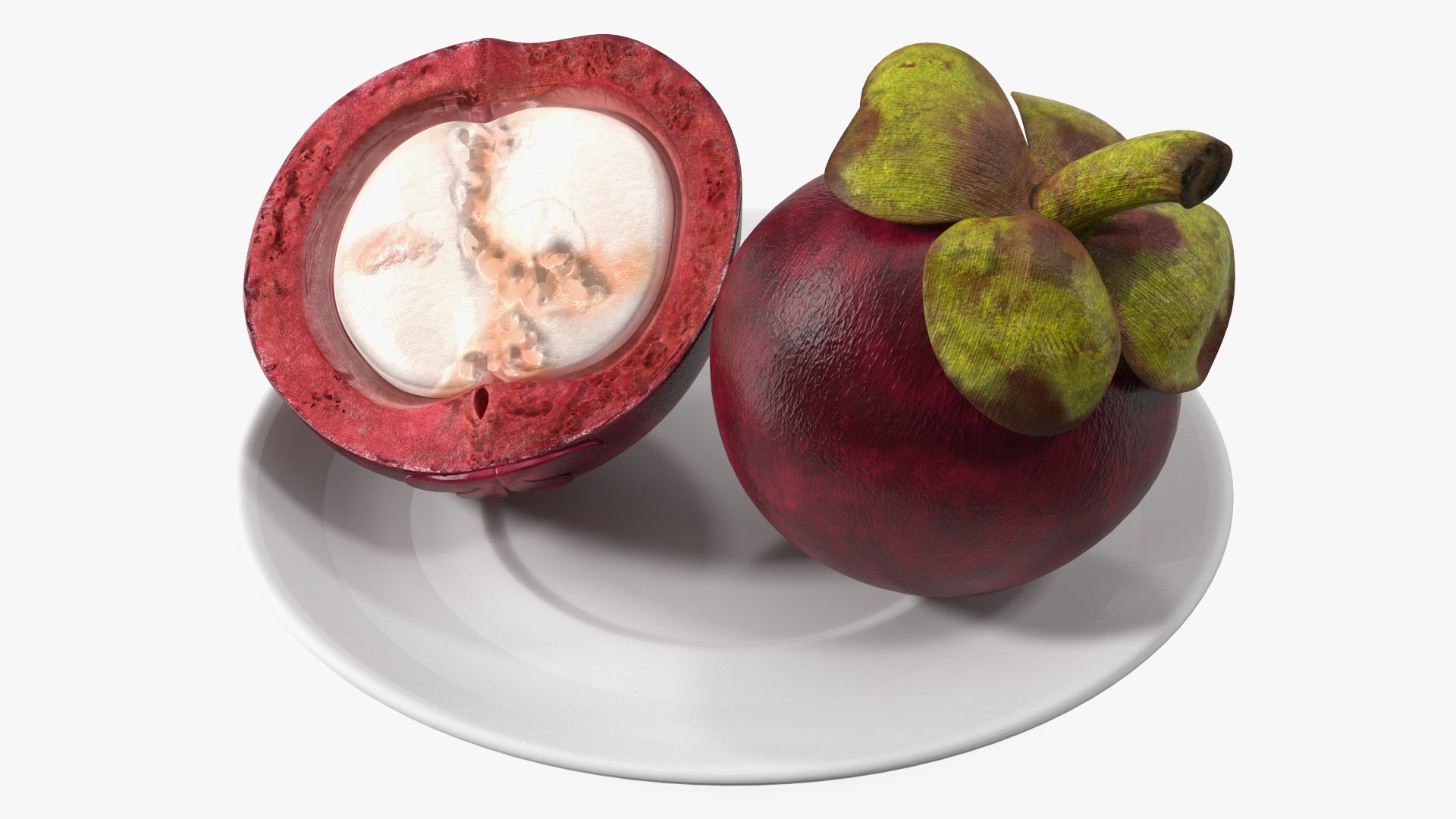 Whole and Half Cut Mangosteens on White Plate 3D model preview