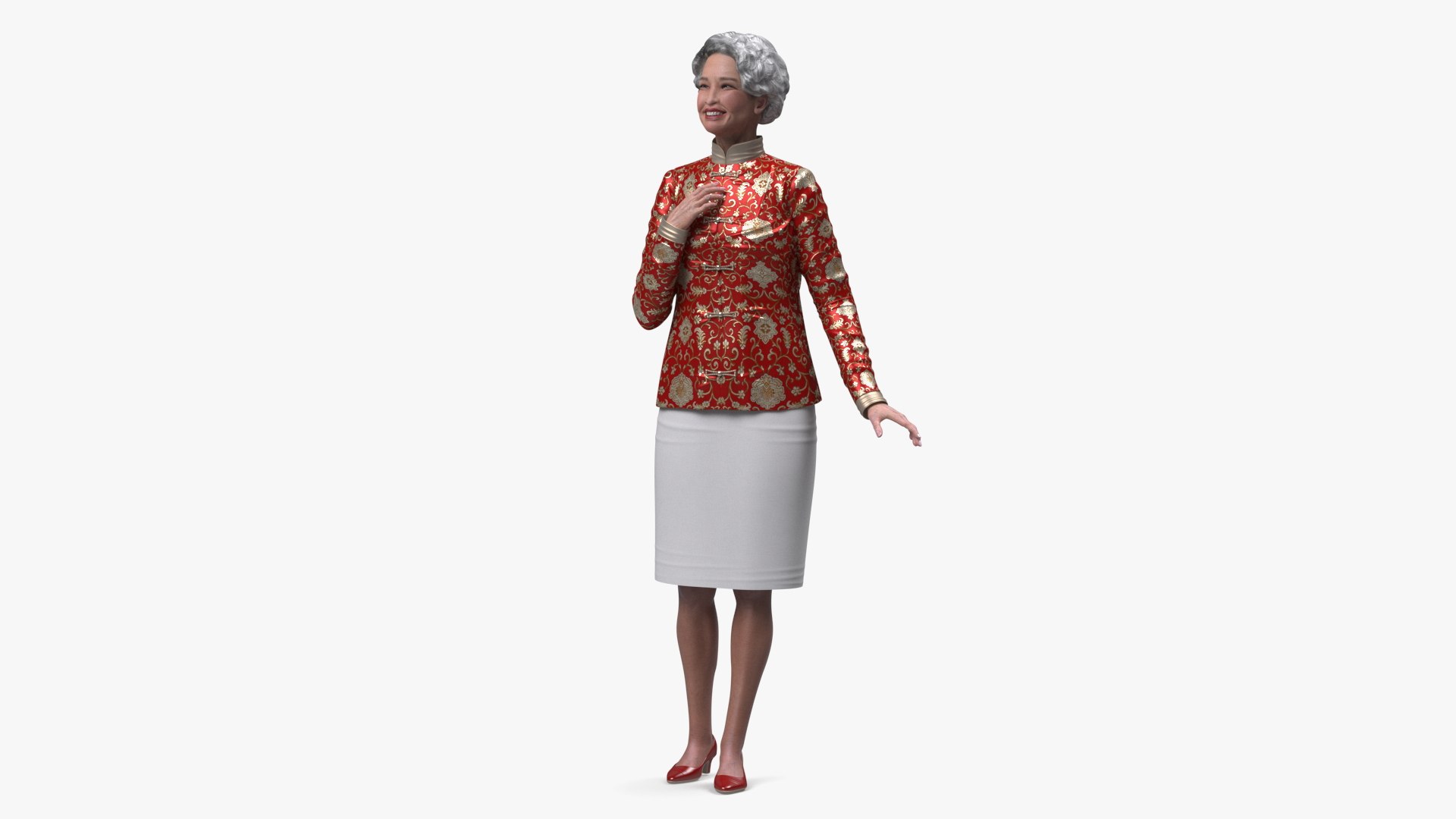 Asian Grandma Traditional Dress Standing 3D model preview