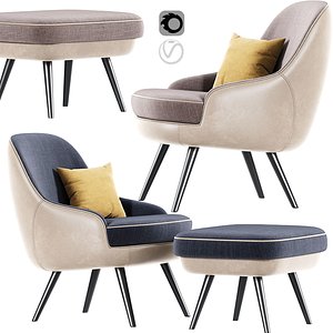 375 Walter Knoll Armchair With Pouf 3D
