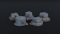 Low-poly Cartoon Dieselpunk gun turrets Polygonal Style