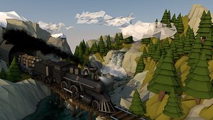 train wilderness mountains waterfall 3D model