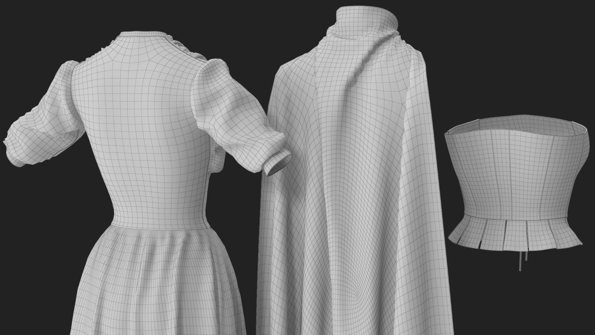Corset Dress with Cape 4 3D model https://p.turbosquid.com/ts-thumb/6O/bsHA2R/vR/wireframe_12/jpg/1695060360/1920x1080/fit_q87/3bfa3cbb828e4168c4b29f2b4462fbe70c4c2a0f/wireframe_12.jpg