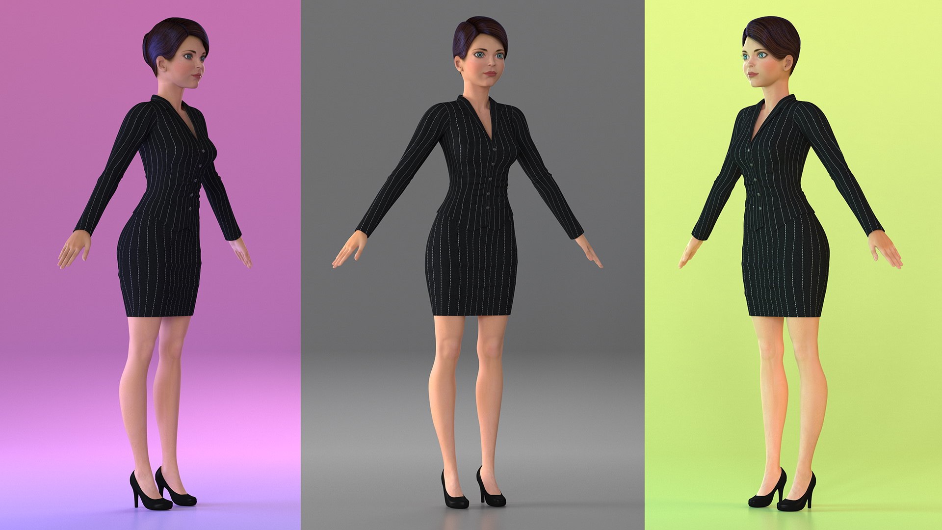 Cartoon Young Woman Office Clothes Rigged 3D model preview