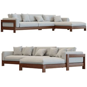3D model Long white fabric and wooden sofa 3D model