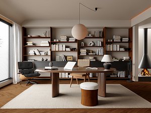3D Modern Study with Bookshelf 3D Model model