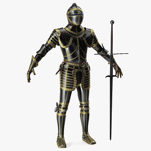 Medieval Knight Black Gold Full Armor Rigged for Cinema 4D 3D model