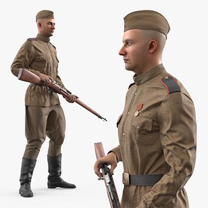 3D Red Army Soldier Holding Mosin M1891 Rifle
