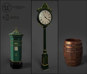 Victorian Street Assets Clock Barrel Postbox 3D model