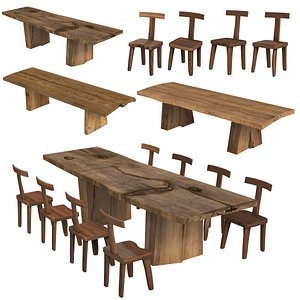 Sculptural Dining Table and Brutalist T-Chair Collection 3D model