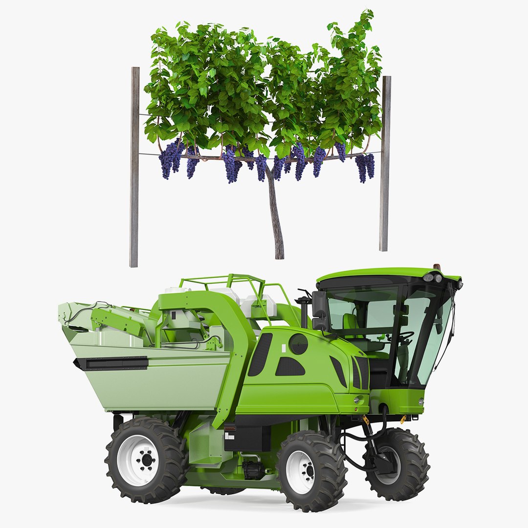 Rigged Grape Harvester with Vineyard Collection 3D model preview