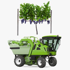 Rigged Grape Harvester with Vineyard Collection 3D model