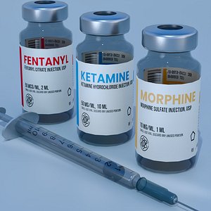 Realistic Syringe and Medicine Vials Fentanyl Morphine Ketamine Low-poly