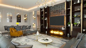 3D Living room model and dinner table with chair