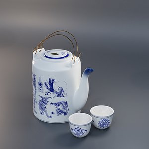 3D Ceramic Teapot Set Blue Porcelain Vintage High Poly 3D model