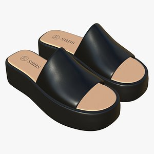3D Black Leather Slide Sandals Womens