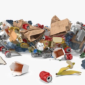 3D Household Trash Heap with Cans