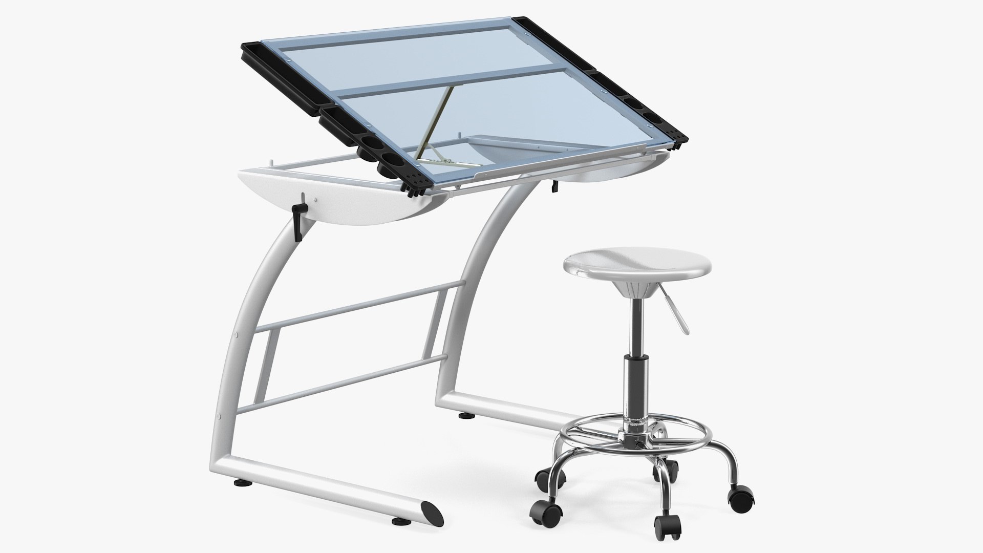 Triflex Adjustable Glass Drawing Table with Stool White 3D model preview