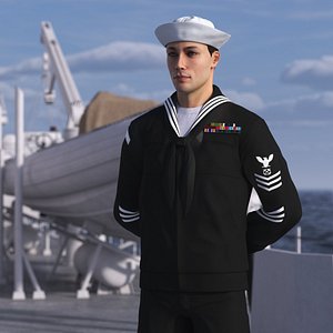 3D US Navy Sailor in Black Uniform Rigged model