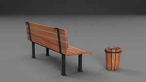 3D model Low Poly Bench and Trash Props