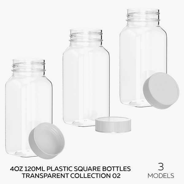 4oz 120ml Plastic Square Bottles Transparent Collection 02 - 3 models 3D model