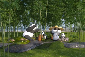 Cartoon Panda Bamboo Forest Landscape 3D Scene Model Kawaii Giant Panda Outdoor Park Decor Asset 3D model