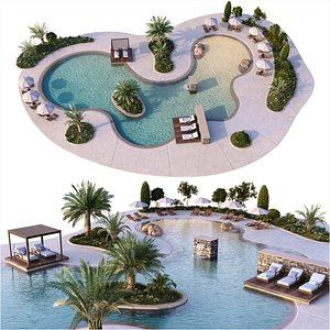Swimming Pool with Loungers Umbrellas and Plants