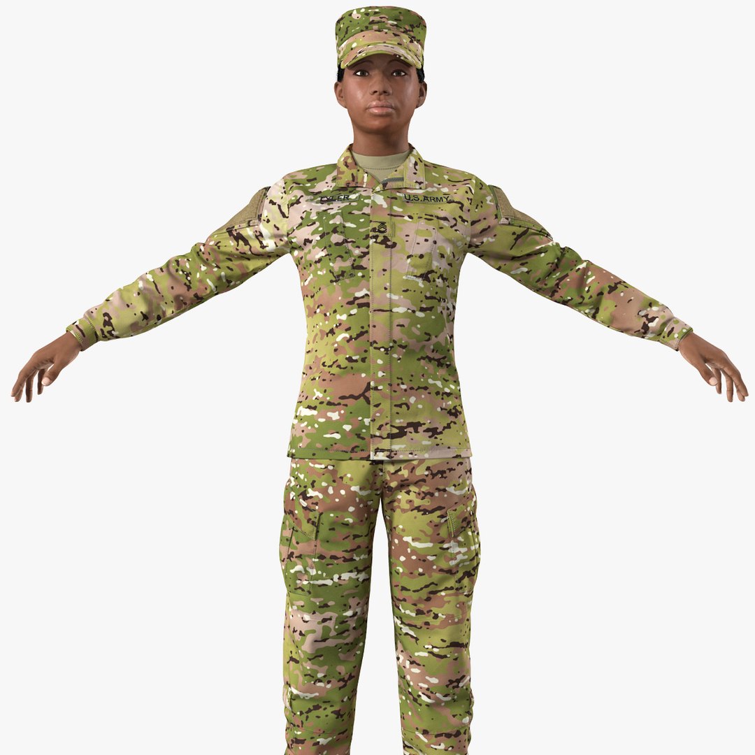 Black Female Soldier Camo T Pose Fur 3D model preview
