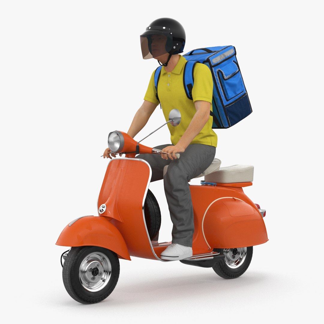 Delivery Man Riding Retro Scooter 3D model preview