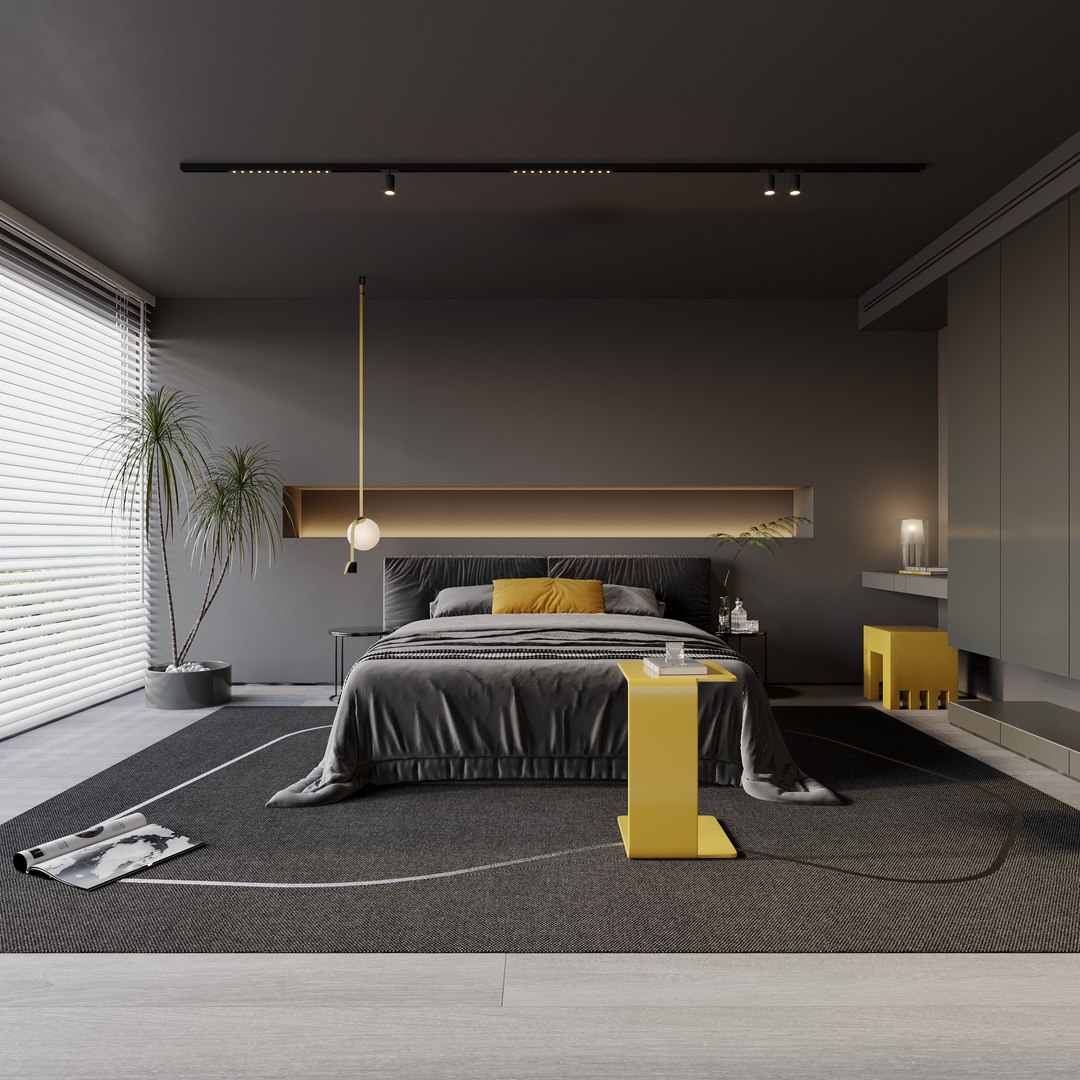 Black And Yellow Bedroom 3D Model TurboSquid 1953204