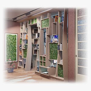 Wooden bookcase with moss inserts