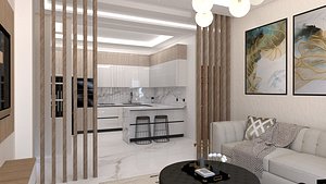 Modern Open Space Living Room with Kitchen 3D Model 3D model