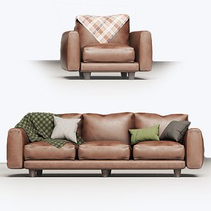 80s Brown Leather Sofa and Armchair Set 3D model
