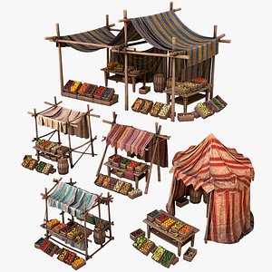 Medieval Market Stalls Tent Bazaar Food Vegetables Fruits Pack