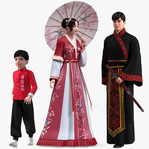 Rigged Traditional Style Chinese Man Woman and Boy Collection for Cinema 4D 3D model