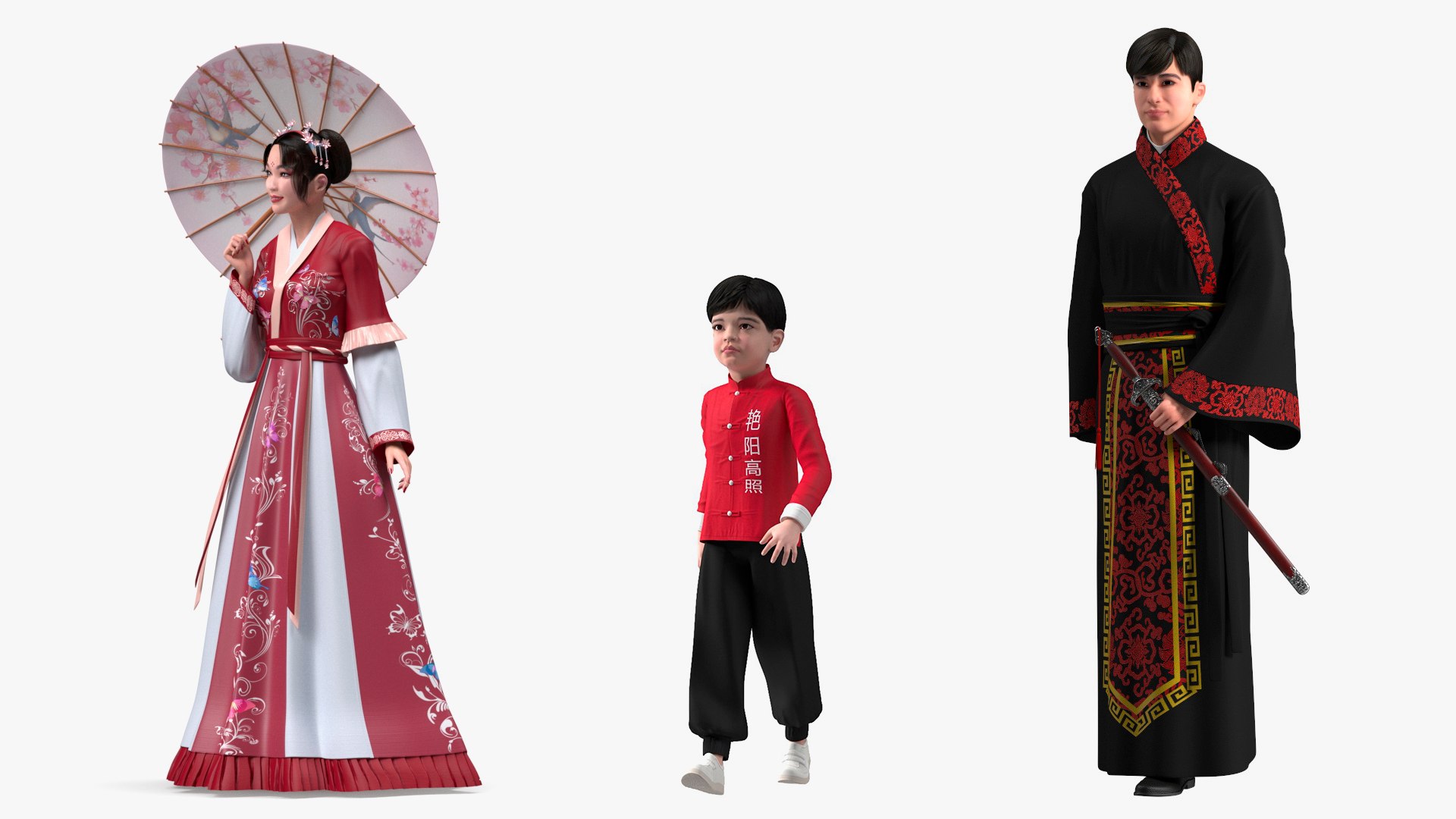 Rigged Traditional Style Chinese Man Woman and Boy Collection for Cinema 4D