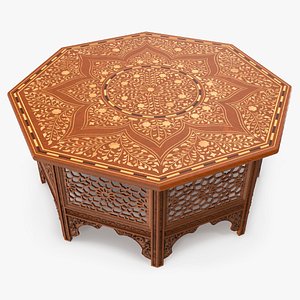 3D Oriental Wooden Table with Inlaid Floral Pattern