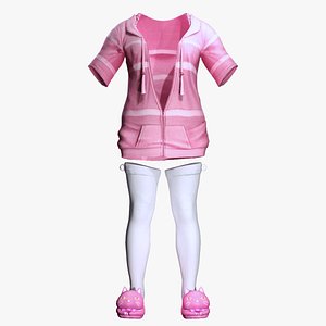 Realistic Female Loungewear - Pink Striped Hoodie  Cat Slippers