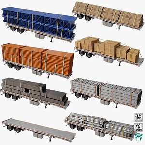 3D Flatbed Trailer with 7 Loads Single Mat All PBR Unity UE Textures model