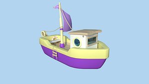 3D Cartoon Boat 04 - Purple Yellow - Low Poly Ship model