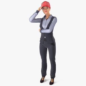 3D Asian Businesswoman Fur in MAGA Hat Fur Rigged model